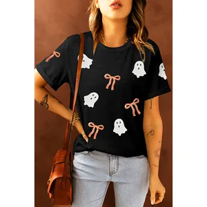 LYG Wholesale Women Black Sequin Bow Ghost Patched Halloween Fashion Graphic Tee