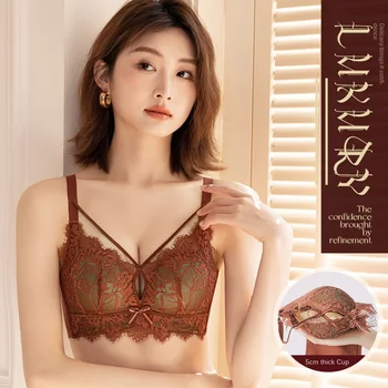 Women's Wire-Free Underwear with Lace Decoration Solid Pattern Adjustable Straps 5cm Thickened Push-Up Large Size No Sexy Bra