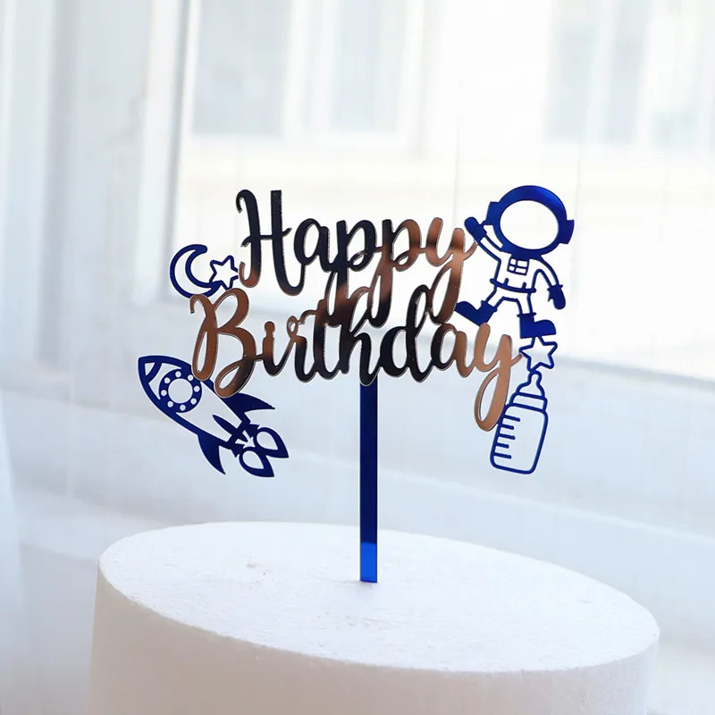 double layer acrylic boy happy birthday cake decoration astronaut party acrylic cake topper-3