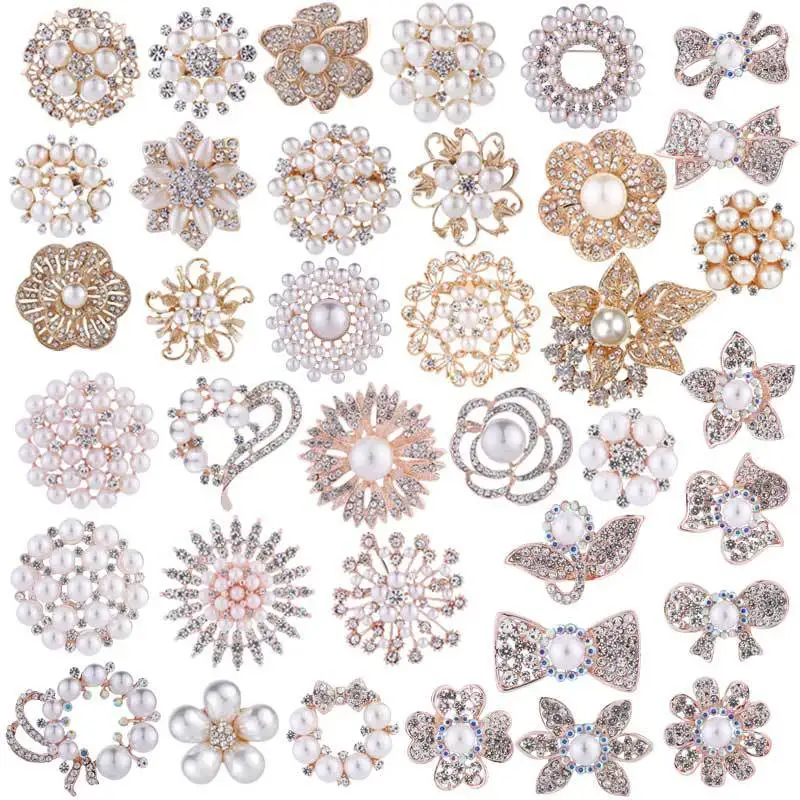 Wholesale Custom Women Elegant Gold Wedding Bridal Accessories Crystal  Pearl Flower Shape Brooches Pins