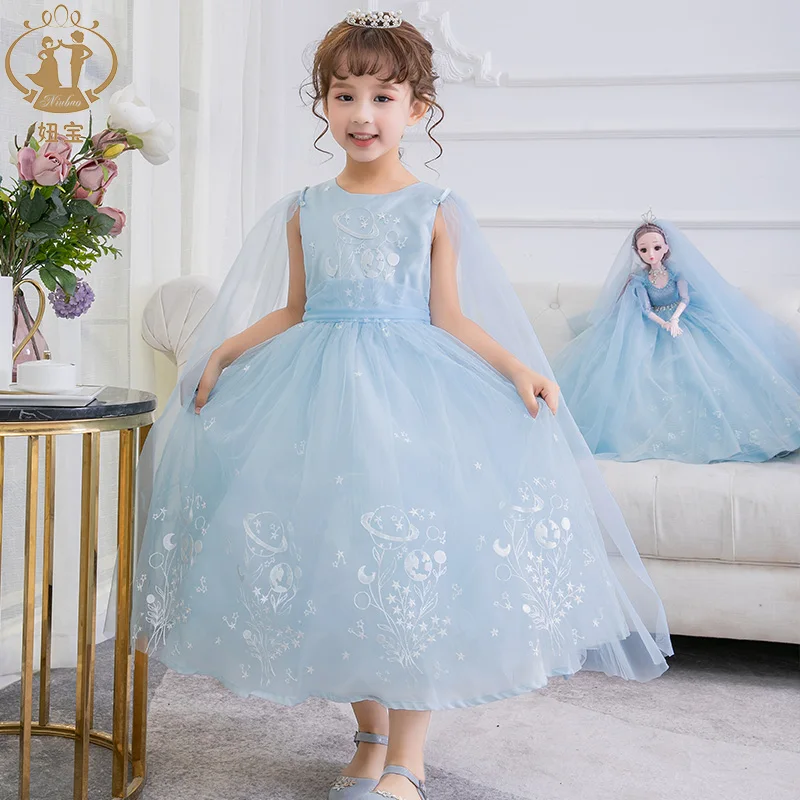 NIMBLE Summer Blue Printed Boutique Flower Girl Wedding Dress Children  Evening Party Clothes Toddler Kids Prom Gown
