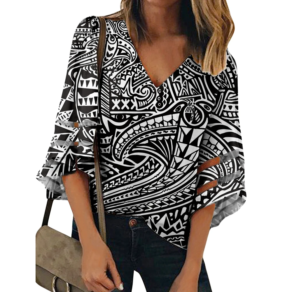 Chic V Neck Floral Print Soft Blouse Casual Loose Shirt Bell Sleeve Chiffon  Tops Travel Shopping Clothes Women Polynesian Style