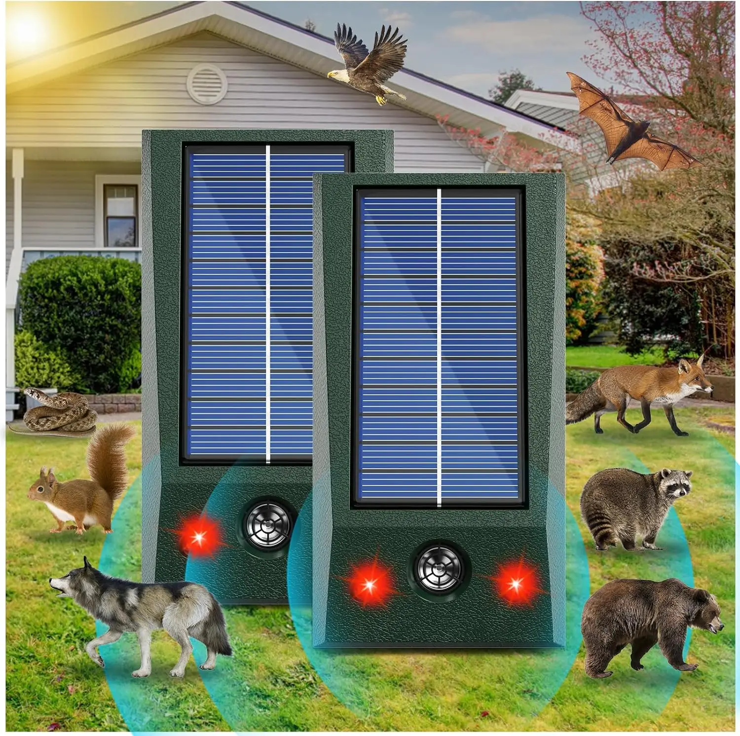 Saijzek Upgraded Solar Animal Repellent Outdoor Coyote Deterrent Racoon Repellent Skunk Deer Repellent Devices with LED Lights