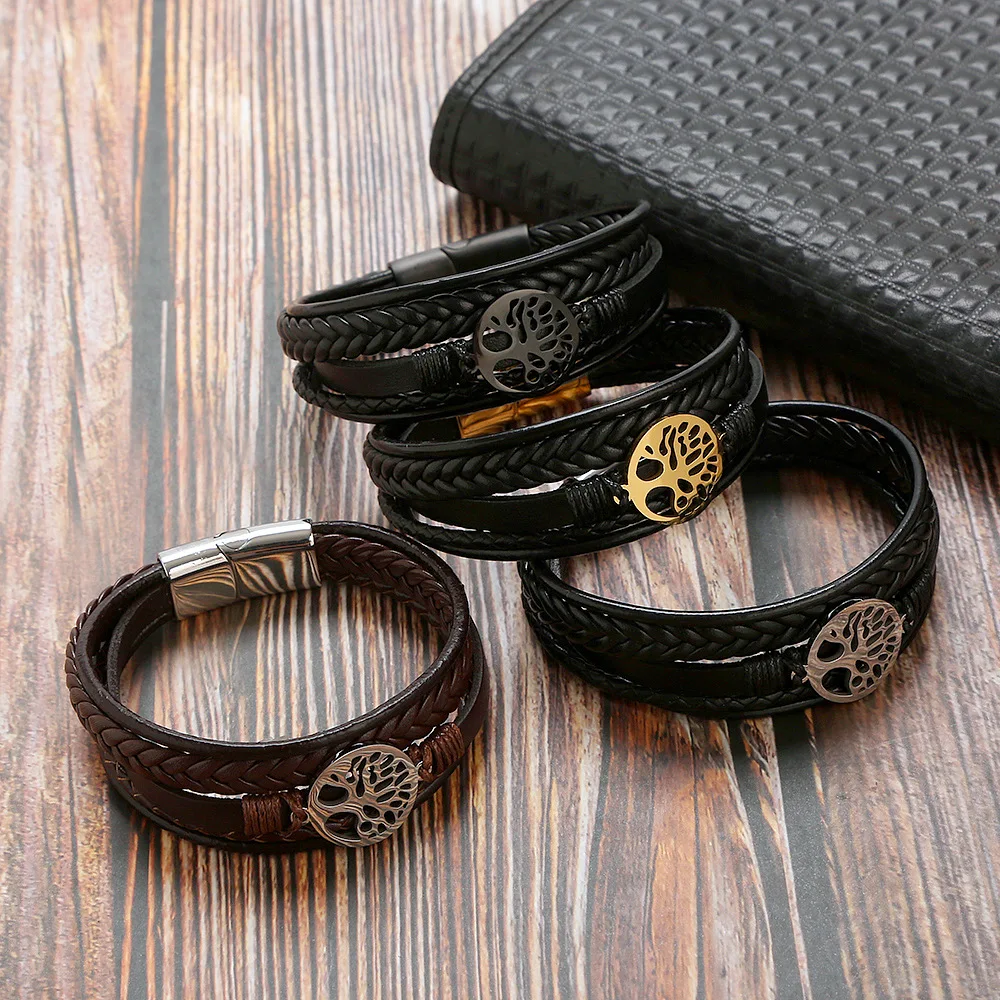 Tree of Life Stainless Steel Sign Bracelet Bangle Leather Briaided Magnet Clasps Friendship for Men Women Bracelet