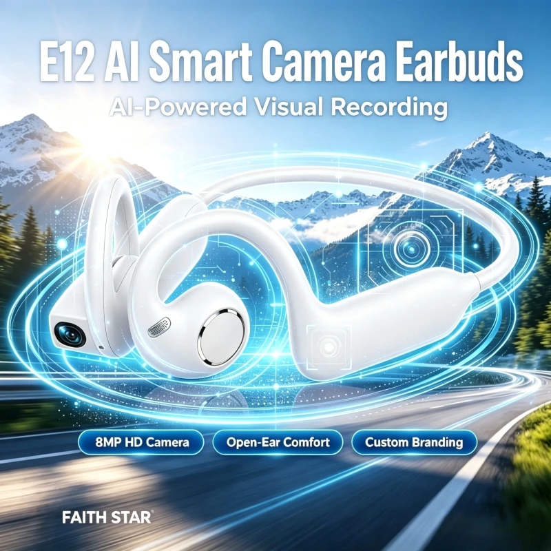 E12 Smart Open-Ear Headphones with 8MP Camera, 8GB Storage, Video & Audio Recording, AI Translation, Ideal for Cycling & Sports
