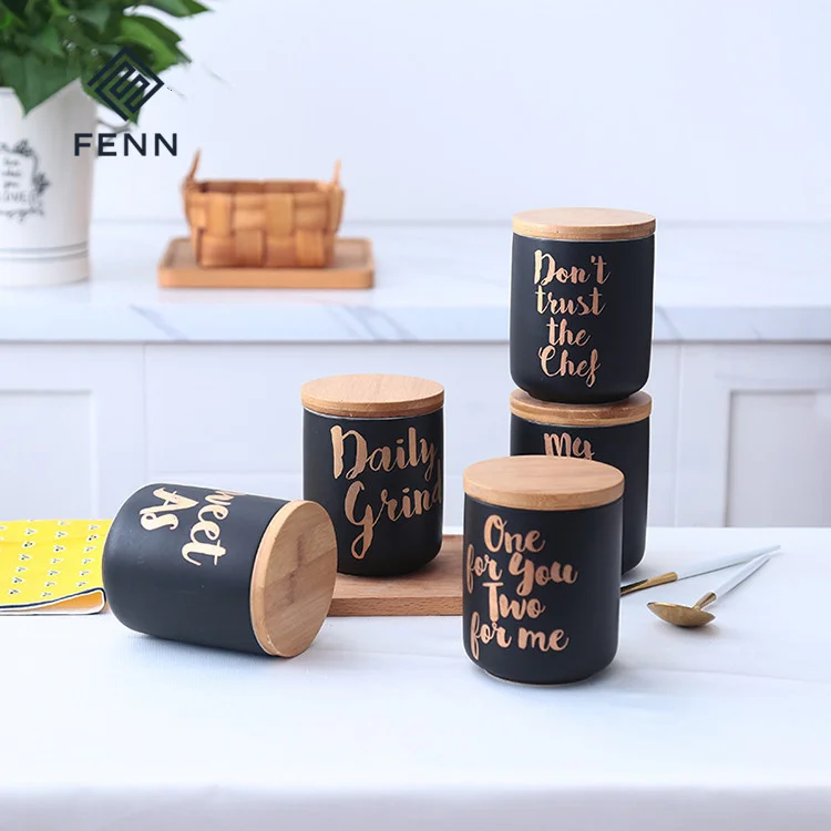 product fenn customized matte kitchen canister airtight jar ceramic coffee canister sets with wooden bamboo lids for home and kitchen-57