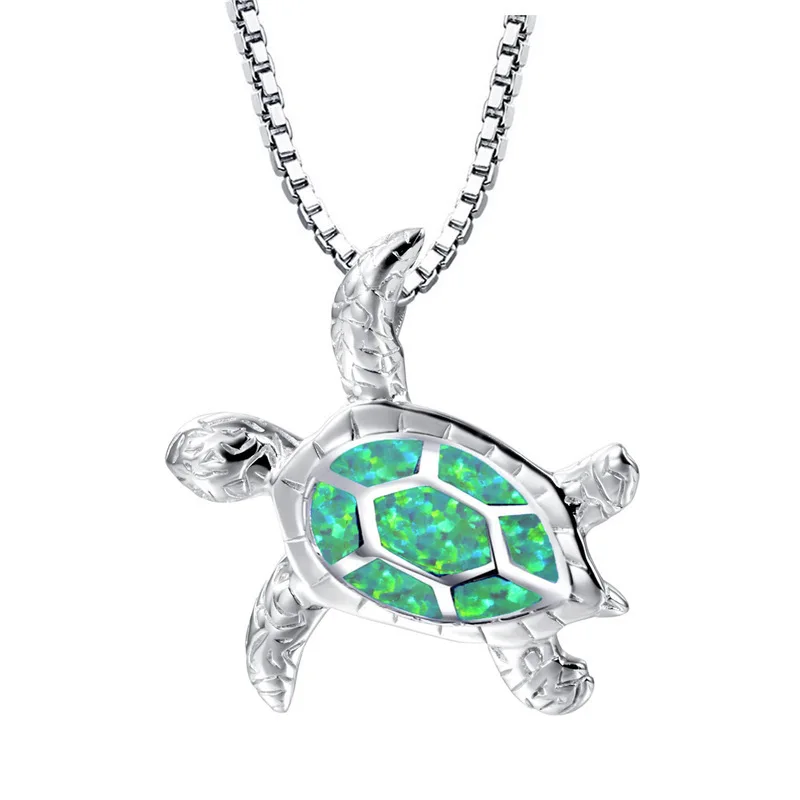 1PC Silver Filled Blue Opal Sea Turtle Cutout Pendant Women Necklace Beach Gift