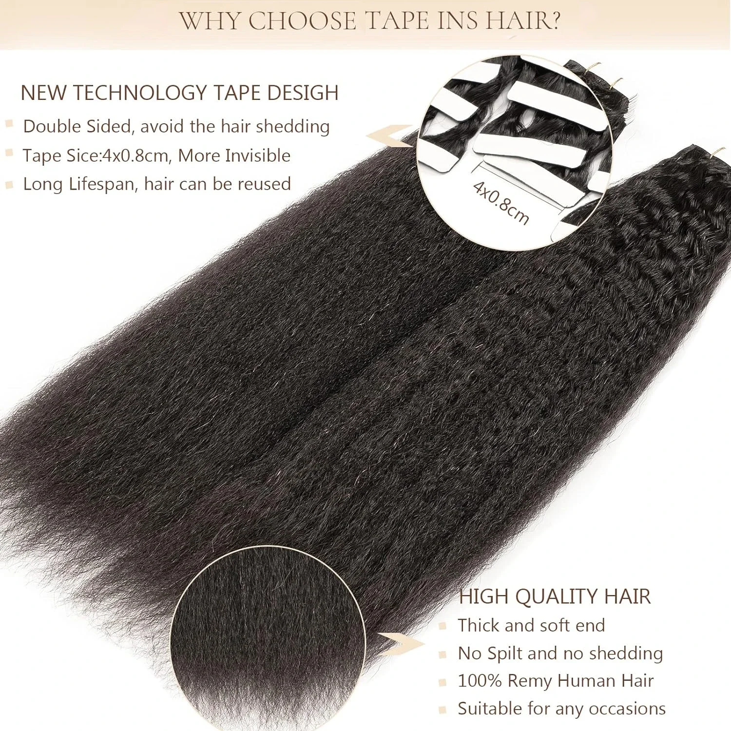 Kinky Straight Tape in Human Hair Extensions Seamless PU Skin Weft 1B_voghion.com