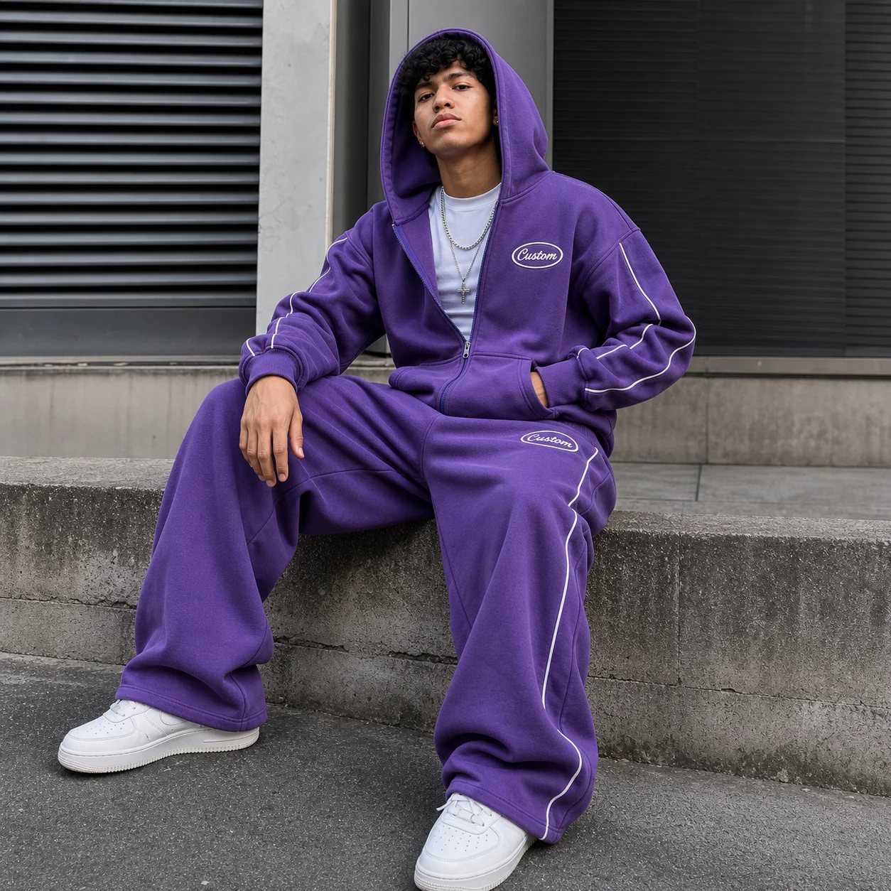 Wholesale Custom Heavy Terry Fabric Mens Autumn Streetwear All Over Printed Side Stripe Zip-Up Hoodie Sweatpants Set gallery 3