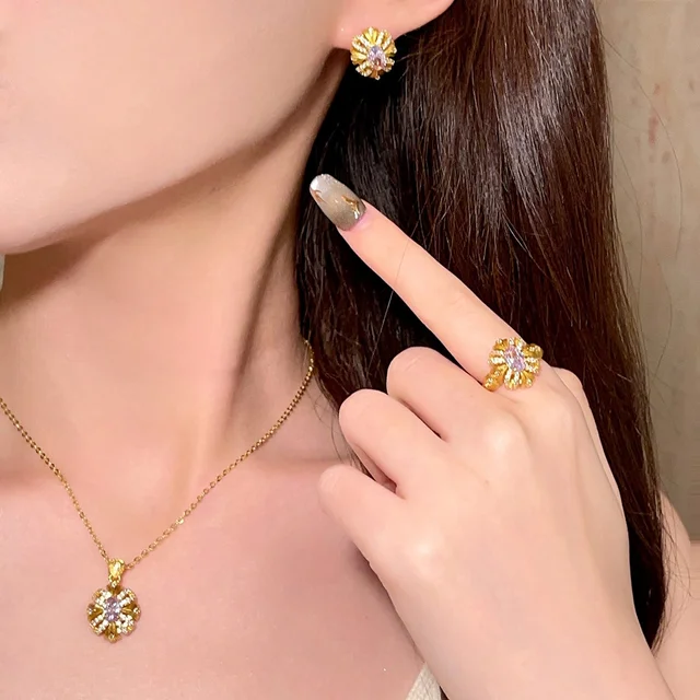 Italy Retro Purple Gold Flower Contrast Zircon Necklace Earrings Ring Set Fashion Pendant Necklaces