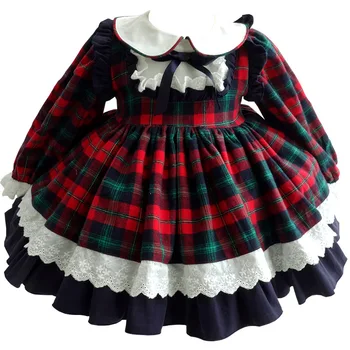 autumn winter new year red plaid Lolita baby Spanish dress ruffles sleeve girls dresses vintage kids clothes boutiques