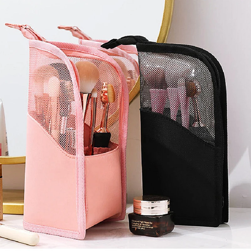 Freestanding Small Stand Up Pvc Waterproof Organizer Mesh Cosmetic Bag