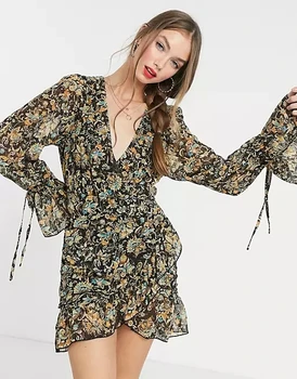Women's Sexy Casual Mini Dress Flair Sleeve Summer Clothing Long Sleeve Floral Print Dresses