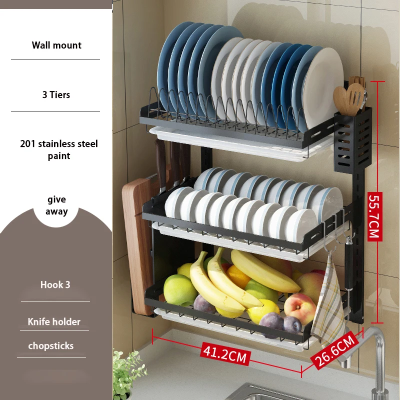 201 Stainless Steel 3 Tiers Wall Mounted Dish Drying Rack Drainer