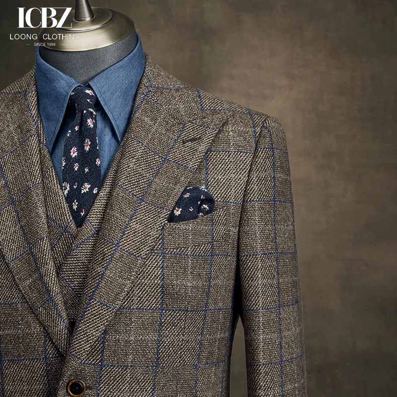 Vintage Men Suits 3 Pieces Brown Plaid Wool Suit Men's Single Breasted Groom Wedding Dress Formal Men's British Business Suit