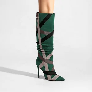 Custom Women's Green Suede Colorblock Fashion Boots Knee-High Stiletto Heel Height Increasing Western Boot for Autumn Winter