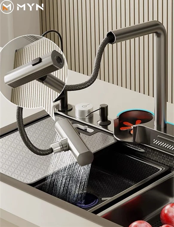 One Piece Waterfall Faucet Kitchen Sink - Durable & Stylish