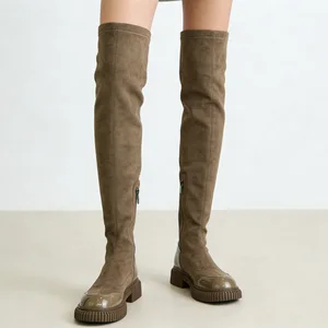 Women's Taupe Faux Suede Over-the-Knee Boots - Patent Toe Trim Ribbed Sole Zipper Footwear