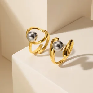 High-End Ins Style Adjustable Geometric Pattern Metal Ball Decor Open Ring Stainless Steel Cuff Rings Women