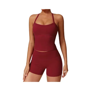 Two Piece Breathable Lightweight Workout Sets for Women Tank Top High Waist Booty Lifting Shorts Gym Yoga Active Wear Four-Way