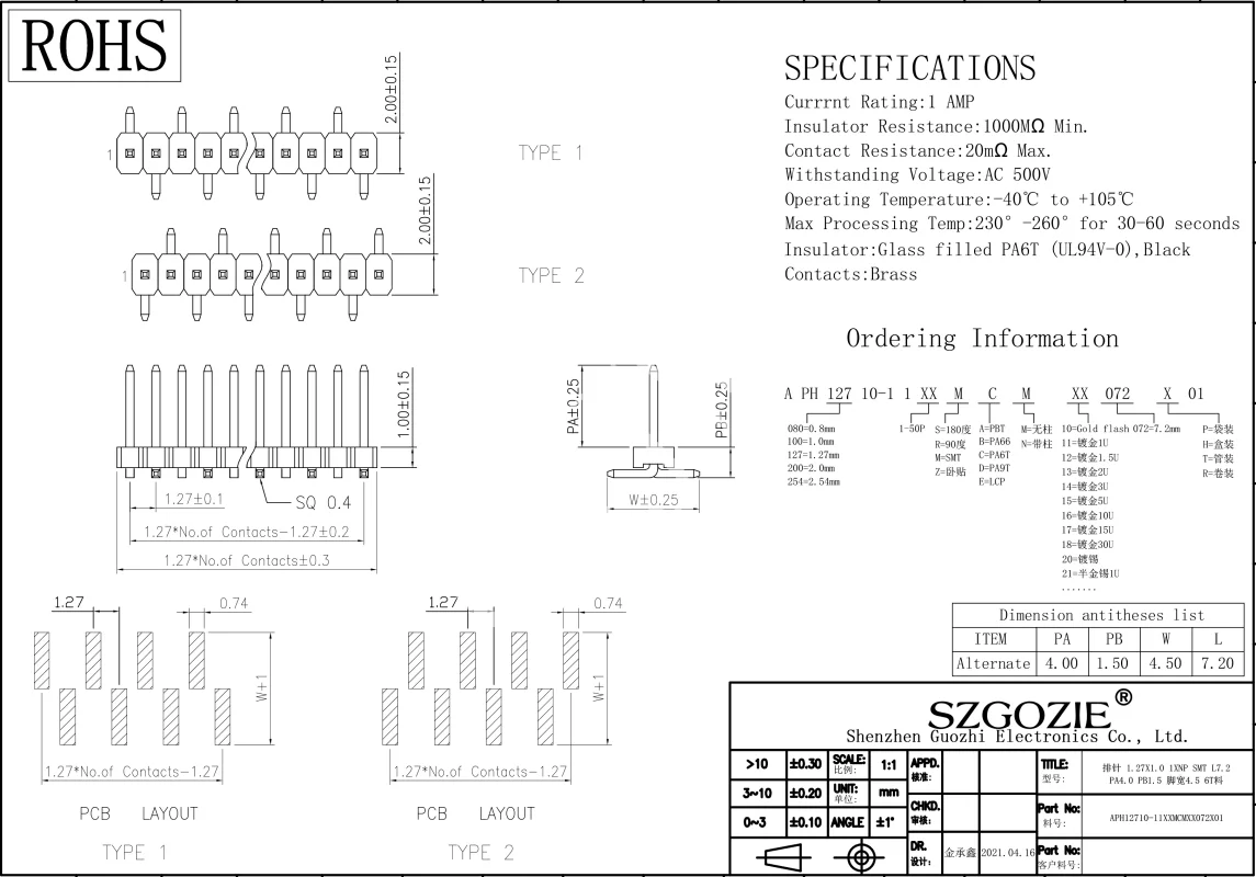 1.27mm 240pins Pin Header Male Female Double Single Row Smt Smd 1.27