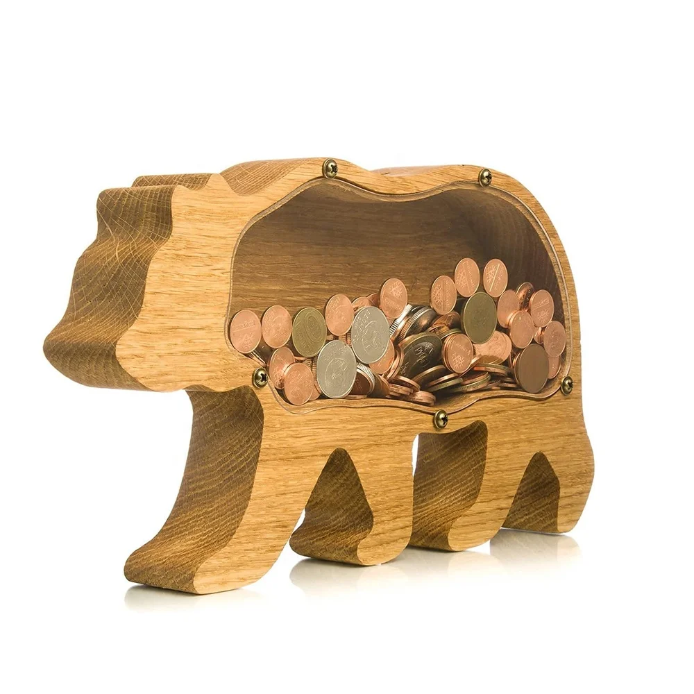 Oak Wood Bear Shaped Coin Box Wooden Money Boxes Wood Piggy Bank Saving