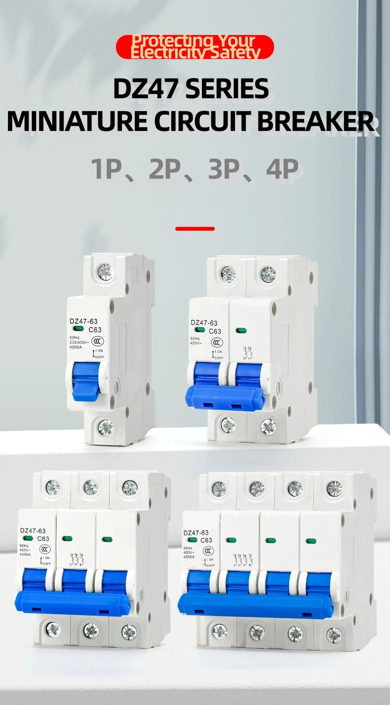 Electric 1p 2P 3P 4P B C D type MCB 1A 2A 3A 4A 6A 10A 16A 20A 25A 32A 40A 50A 63A 50/60HZ AC MCB Miniature Circuit Breaker