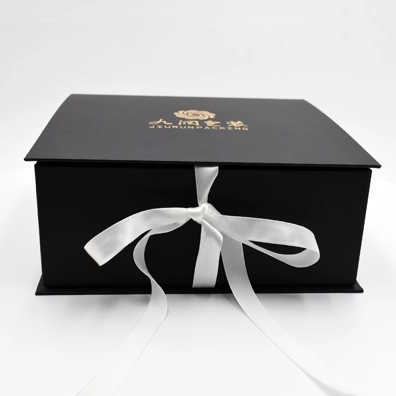 Recycled  Rigid Cardboard Paper Box Custom Logo Black Fold Luxury Magnetic Gift Boxes with Ribbon Closure factory