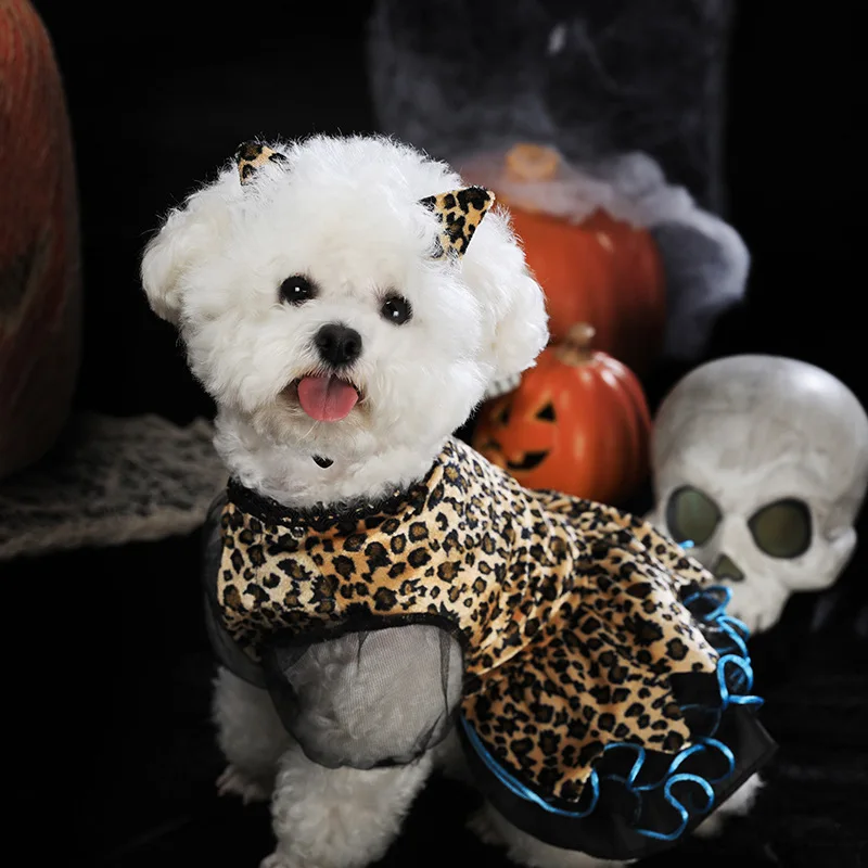 Pet Halloween Party Dress Up Gauze Dress Dog Sexy Leopard Print Skirt With Leopard Headband Decoration