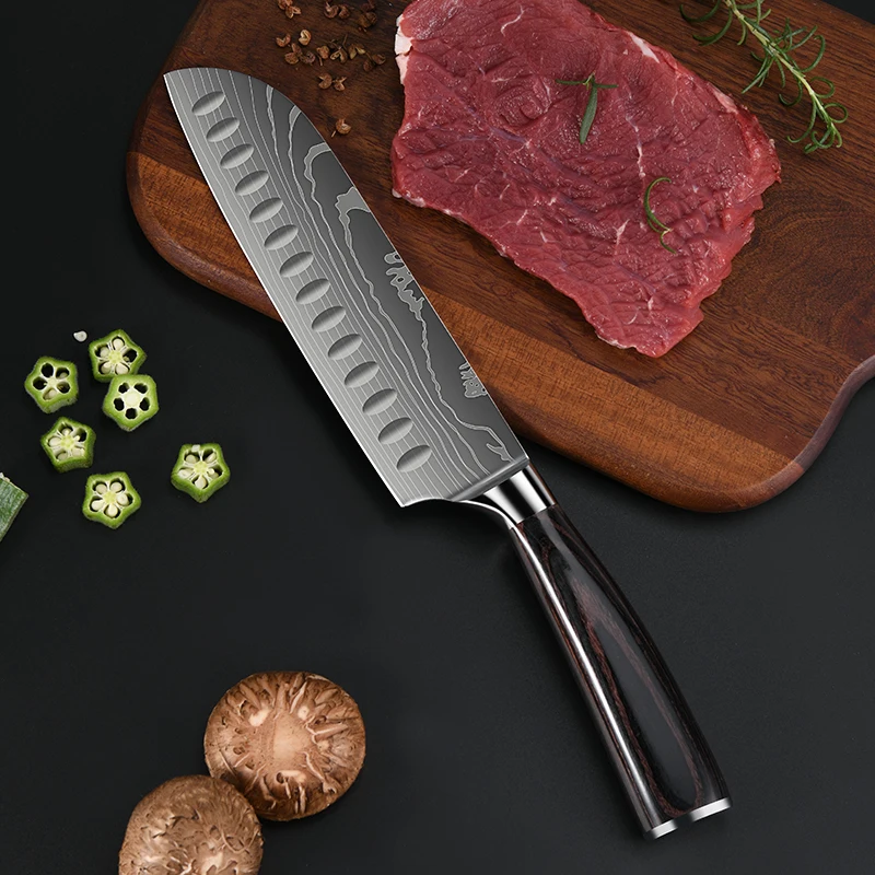 Суперострые кухонные ножи шеф-повара набор из 9 японских кухонных ножей нержавеющей стали с деревянной ручкой и Дамасским лазерным