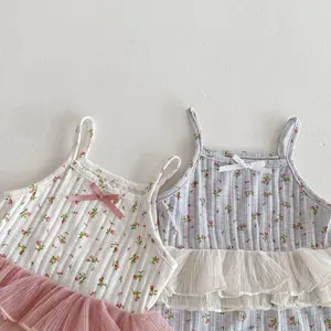 2026 Summer Infant 100% Cotton Printed Lace Ribbon Bowknot Sling Romper INS Style Baby Girl Thin Climbing Clothes