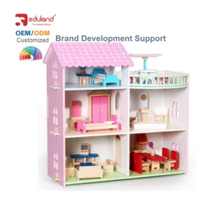 Pink Indoor Children's Game Toys Imaginative Wood Doll House with Furnitures Manufacture's Design