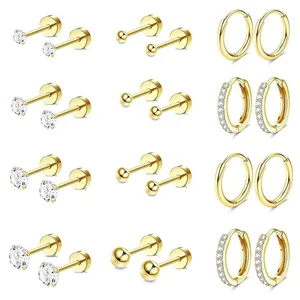 Trendy Geometric Flat Back Earrings for Women Hypoallergenic Stainless Steel for Sensitive Ears-20G Cartilage Earrings