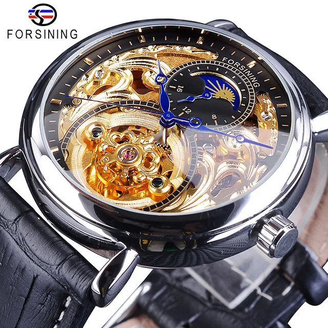 Orologio Meccanico Automatico Uomo FORSINING Tourbillon - Quadrato Trasparente Con Motivo Floreale, Cinturino In Acciaio, Impermeabile 30m, Lusso