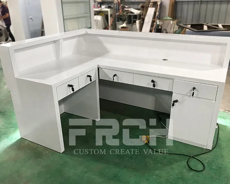 Custom L Shape Design Front Desk White Modern Led Salon Hotel Office Clinic Reception Table Counter