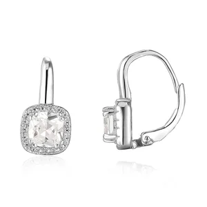 925 Sterling Silver Leverback Earrings | Square Zirconia Drop Pendant Design | Rhodium Plated Hypoallergenic Dangle Earrings