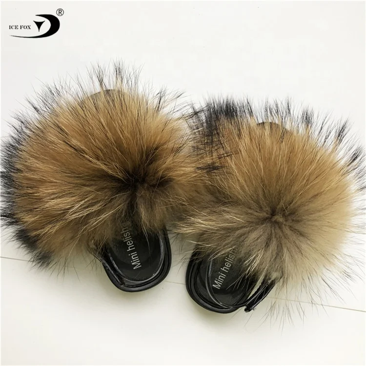Factory Price 2021 New Colorful Real Fox Fur Sandals With Strap Toddler Kid Fur Slides