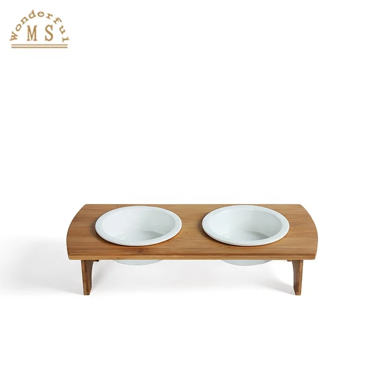 Wood Pet Bowls Cat Dog Portable Stainless Wooden Stand with Ceramic Double Bowl