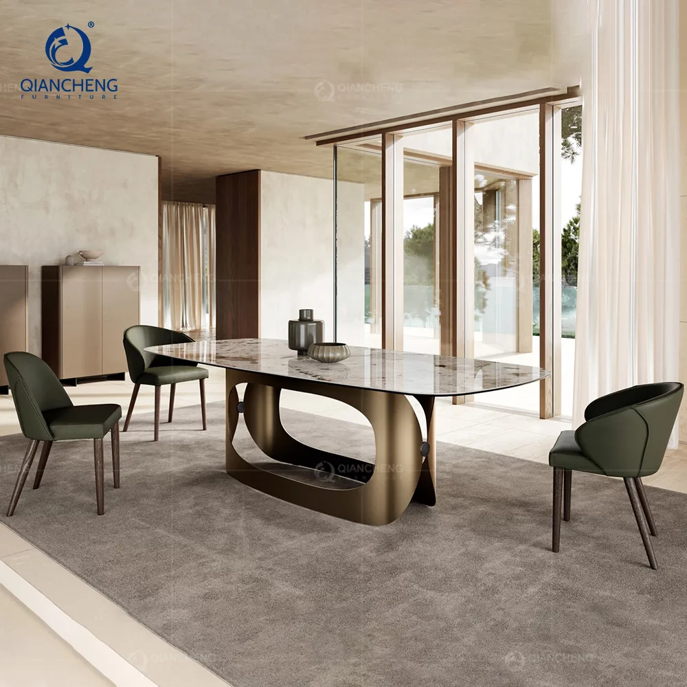 Qiancheng Marble Telescopic Folding and Extendable Stainless Steel Dining Table Set 6 Seater With 4 Chair Made in Foshan China