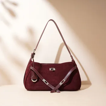 Suede Cowhide Women's Shoulder Bag Underarm Bag Luxury Fashion Frosted Genuine Leather Bag for Women