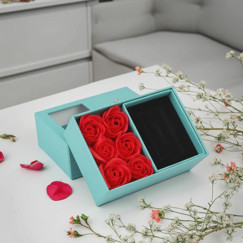 Jinayon Custom Jewelry Packaging Box Artificial Soap Rose Flowers with Sponge Lining Paper Gift Package Box for Valentine's Day