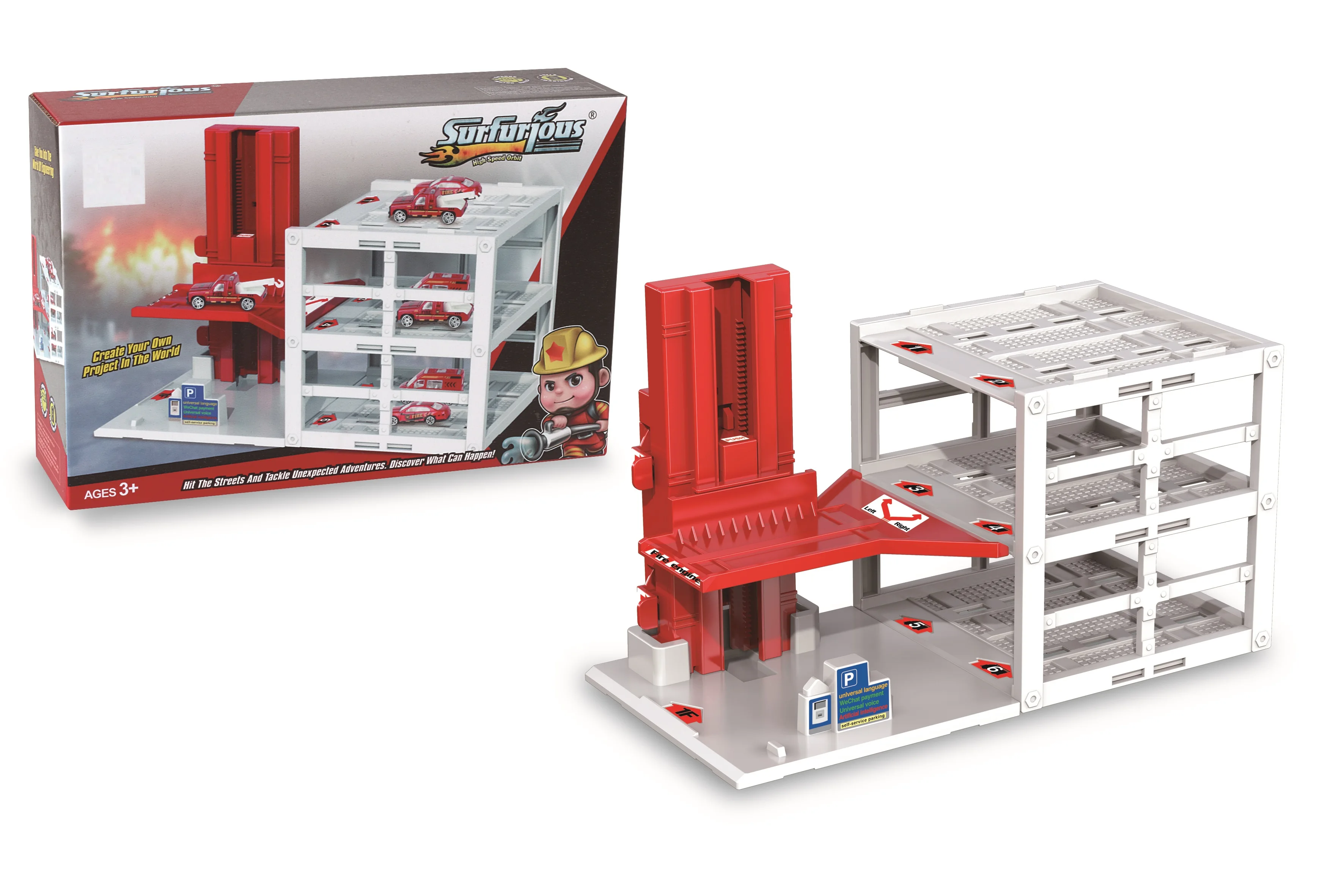 Toy Garage Play Set - Fire Rescue with Lifting Elevator