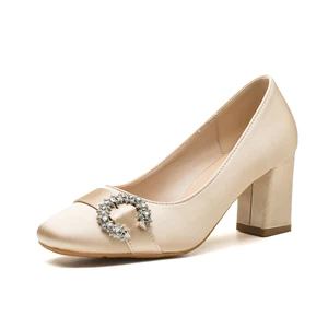 Classy Women's Beige Satin Square Heel Office Shoes Pumps with Rhinestone & Stud Accent Slip-On Closure 7cm Comfort Summer Heel