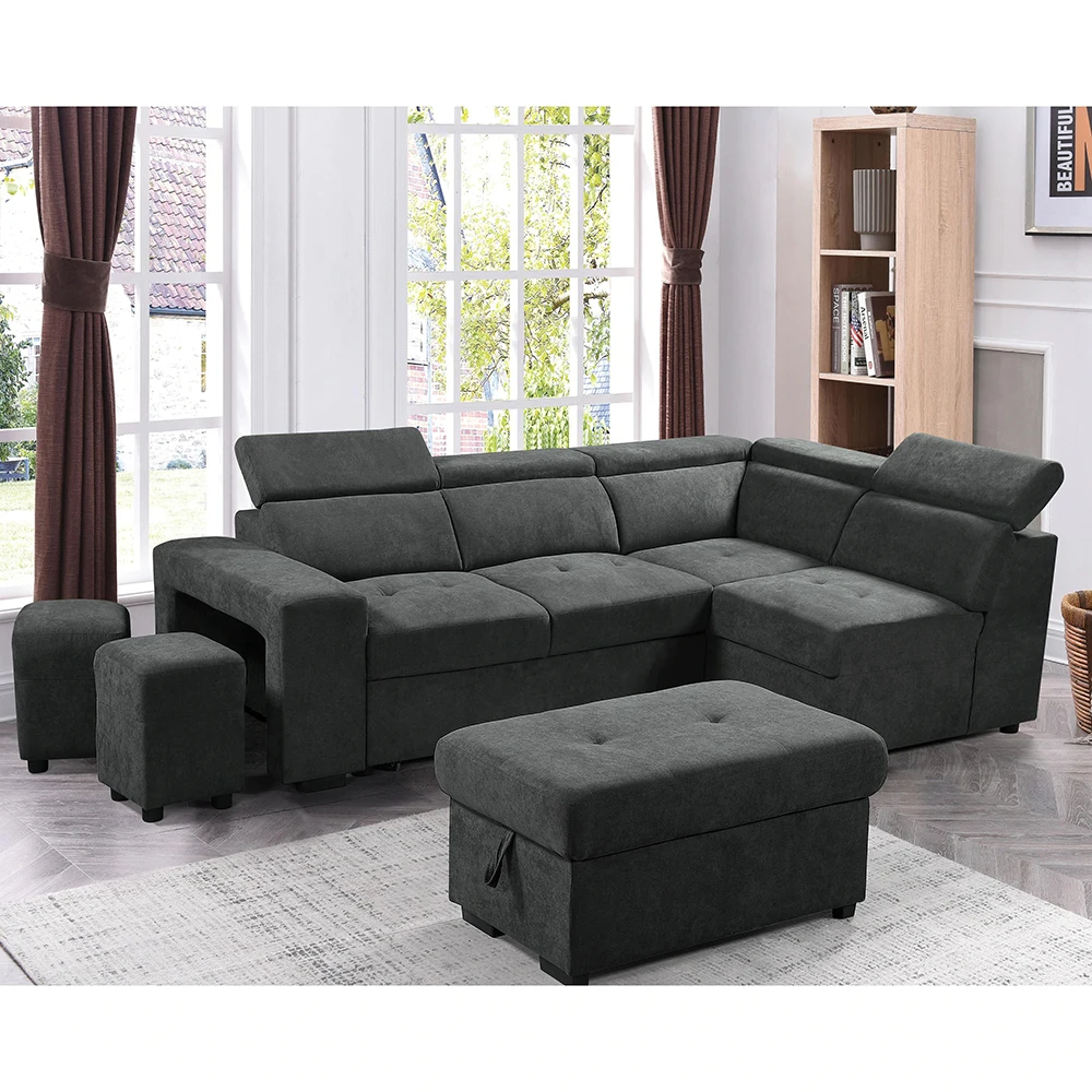 Woven Fabric Folding Sofa Cum Bed Wooden Sleeper Sectional Sofa Set With Storage