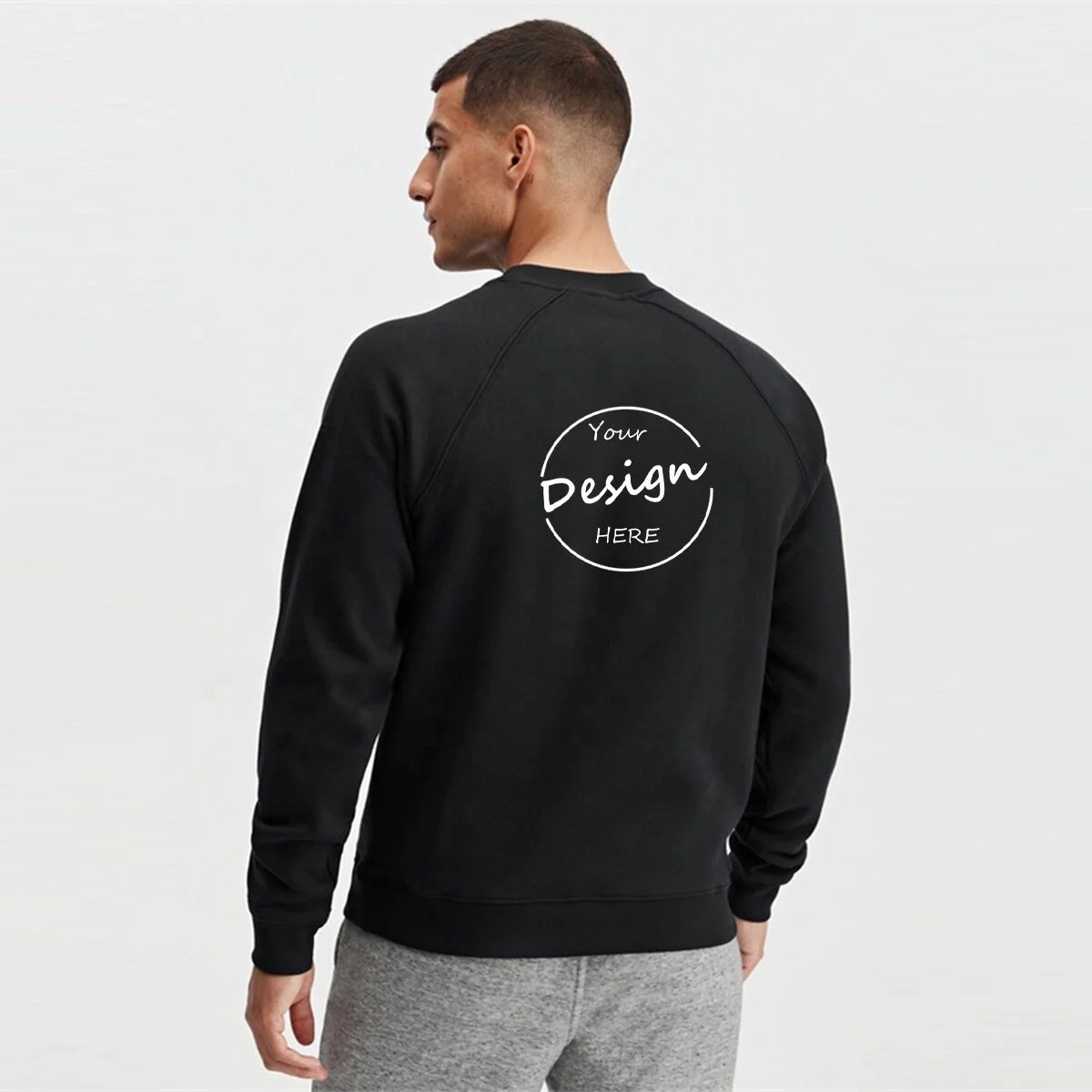 Sportswear Training Thick Fleece Casual Golf Screen Print Solid Bulk Gym Black Raglan Sweatshirt for Men