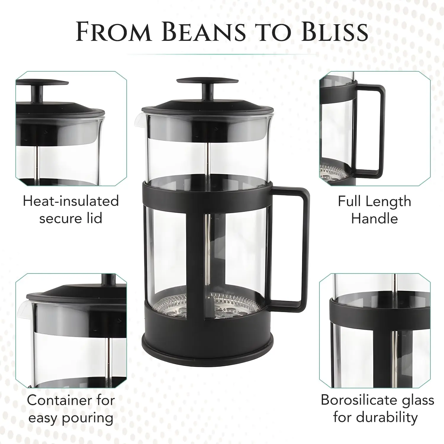 In Stock 350/600/800/1000mWholesale Custom Heat Resistant Portable Manual French Press Coffee Maker Prensa Francesa details