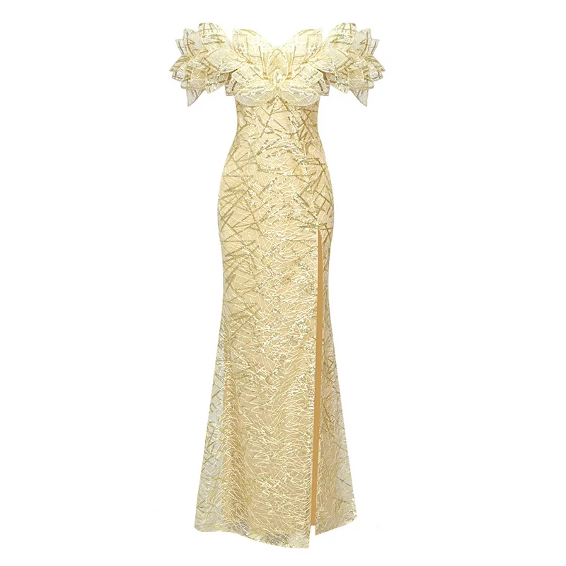A7356 Luxury Christmas Golden Short Sleeve Long High Slit Long Party  Dresses Women