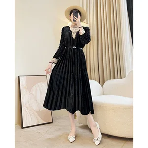 Gorgeous Black Pleated Maxi Dress Lace Collar, Sparkling Embellishments & Waist - Defining Belt Design Women's Casual Dress