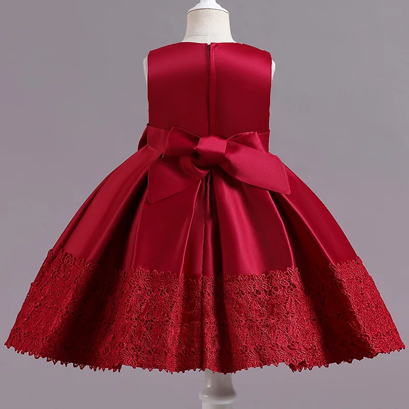 New Girls Prom Princess Long Sleeve Large Bow Pattern Satin Embroidered Christmas Party Show Dress 5