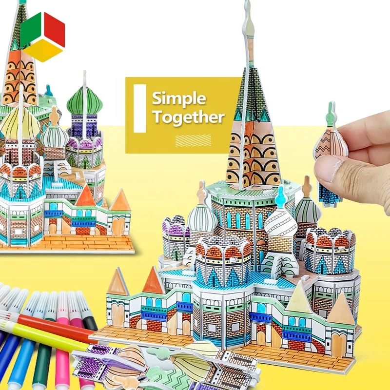 QS Factory Doodles 3D DIY Assembly Drawing Castle Splicing Coloring Cardboard Paper Puzzle Writing Practice Card Toys for Sale